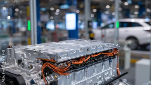 High-detail view of lithium-ion battery pack for electric car, orange and black high-voltage wiring, metallic surfaces with reflections, EV component and power system emphasis