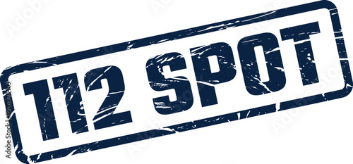 Distressed rectangular rubber stamp showing the number 112 and the word SPOT, used for specific locations