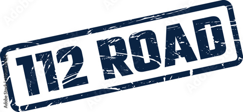 Distressed rectangular rubber stamp showing the number 112 with ROAD, ideal for route identification or maps