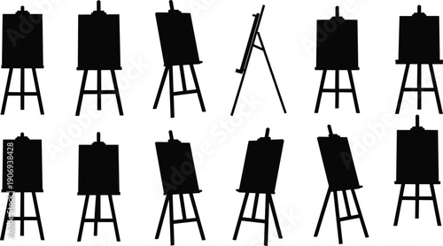 Collection of twelve black easel silhouettes with canvases in different angles and perspectives, creative art studio design elements for illustration, education, and stock photography resources