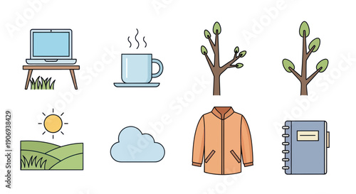 Cozy Workspace & Outdoors Icons: Laptop, Coffee, Nature, Apparel, Diary