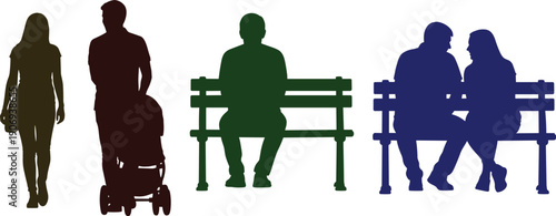 Colorful silhouette illustration of people in park scene showing family with stroller, solitary figure on bench, and couple conversation for lifestyle, social, and stock design use