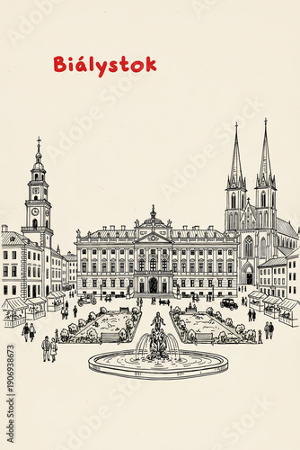 Białystok, Poland Pen Line Art Illustration of City Landmark and Travel Scene