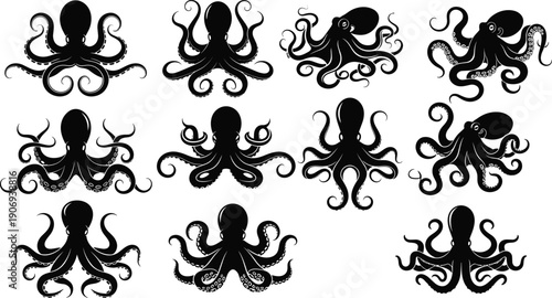 Collection of twelve octopus silhouette illustrations in black vector style, showcasing diverse tentacle arrangements and artistic designs for marine, ocean, and underwater themed projects