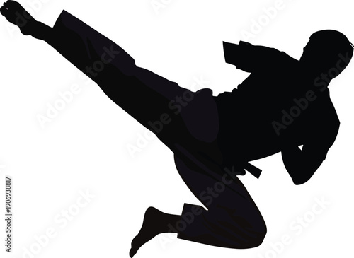 Dynamic black silhouette of a martial artist performing a high flying jump kick, karate fighter in mid air action pose isolated on white background