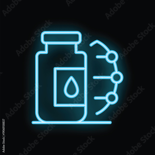 Glowing neon icon of a medicine bottle and dna strands representing vaccine research and development
