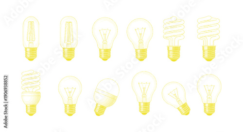 A collection of different yellow light bulb icons arranged in two rows on a white background