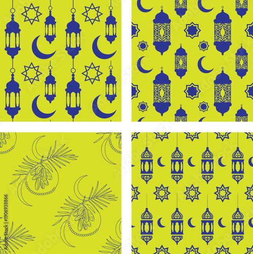 Ramadan Kareem and Islamic Eid Mubarak Seamless Pattern Set with Lanterns, Crescent Moon, and Stars