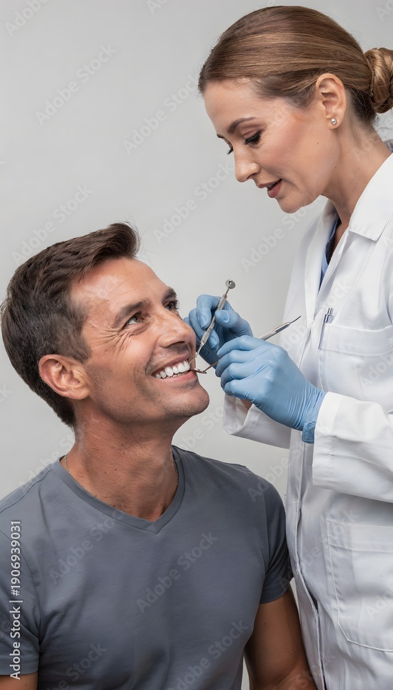 Fototapeta premium Professional dentist examining a patient's teeth during a routine check-up in a modern dental clinic. Concept of oral hygiene, healthcare, and a perfect smile.