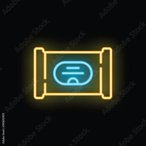Glowing neon icon of sanitary pad, representing feminine hygiene and menstruation care products