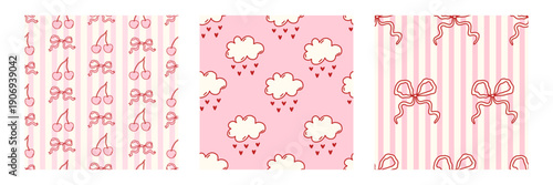 Coquette seamless pattern set featuring charming designs of cherries, bows, clouds, and stripes in soft pink tones. Perfect for creating feminine, cute, and whimsical products and stationery designs.