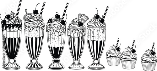 Black and white illustration of five ornate milkshakes and three decorated cupcakes with whipped cream, cherries, sprinkles, and toppings for dessert menu design and stock art
