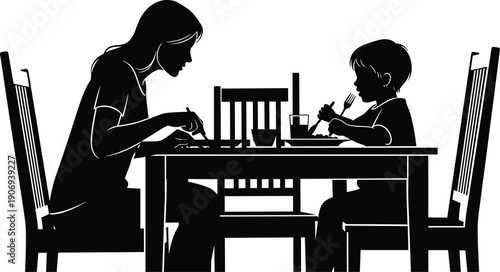 Black and white silhouette illustration of adult and child eating together at dining table, symbolizing family bonding, mealtime routine, parenting, and everyday lifestyle concept