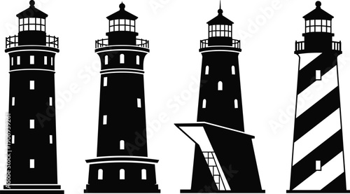 Black and white silhouette illustration of four distinct lighthouses with unique architectural designs, symbolizing coastal navigation, maritime safety, nautical heritage