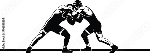 Black and white wrestling illustration showing two athletes in singlets and headgear grappling on mat, symbolizing strength, competition, sportsmanship, and martial arts training