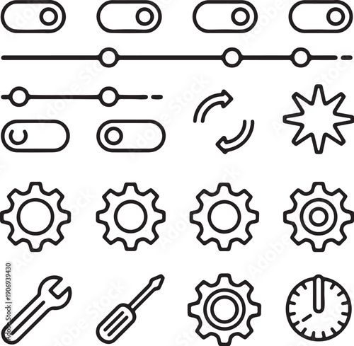 set of vector icons for design. system settings icons including toggles, sliders, sync, gears, sliders, repair, tools, and controls for UI, apps, and dashboards