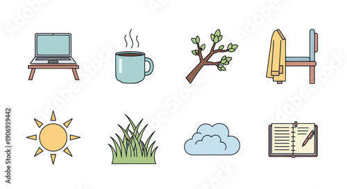 Cozy Spring Day Icons: Laptop, Coffee, Nature, and Relaxation