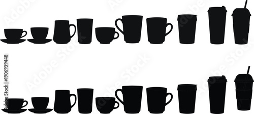 Black silhouette and outline illustration of diverse cups and mugs including teacups, coffee mugs, takeaway cups, and plastic drink cups, perfect for beverage design resources