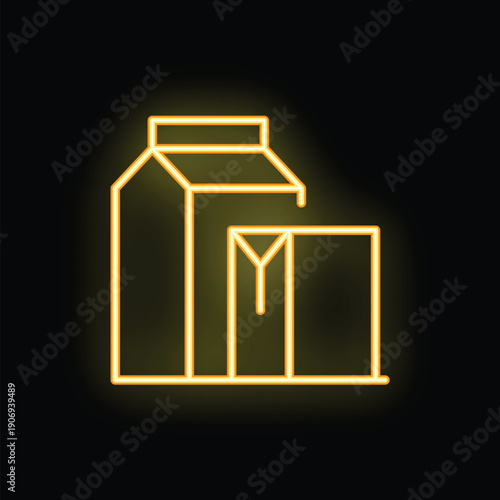Neon icon of milk or juice carton pouring into a glass, glowing yellow on black background