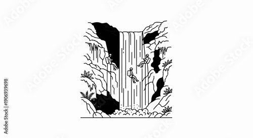 People rappelling down a waterfall into a rocky pool