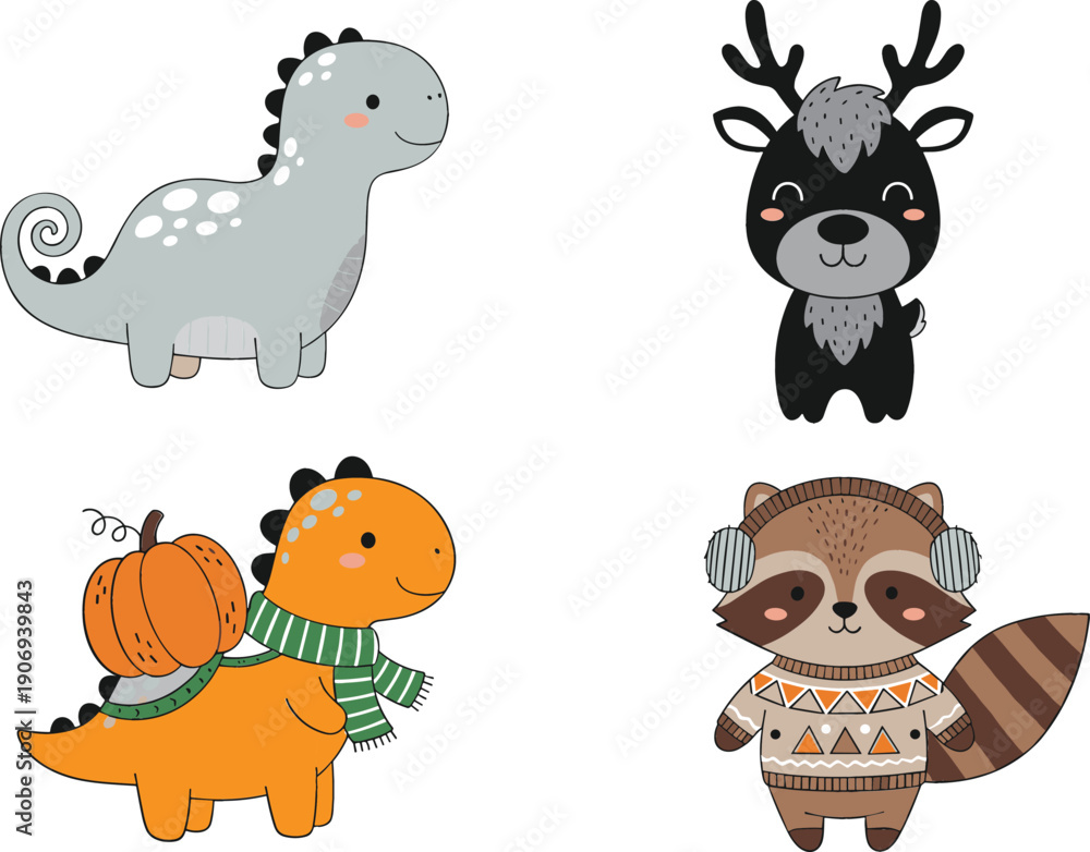 Fototapeta premium Cute cartoon forest and dinosaur animals set illustration with autumn and winter accessories, adorable kids nursery characters vector collection