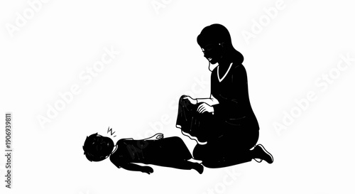 Person attending to a fallen child, isolated on a white background