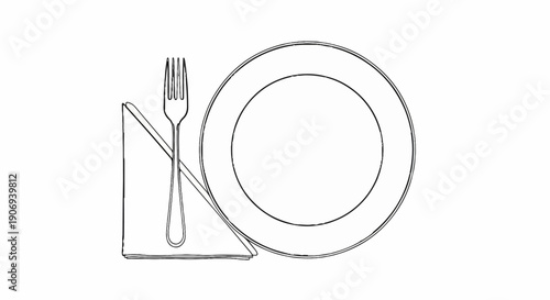 Outline of a plate, fork, and napkin on a white background