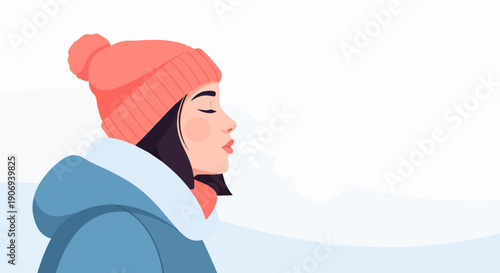 Person breathing in cold air, wearing winter clothes