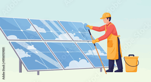 Person cleans solar panels with a long-handled scrubber and bucket