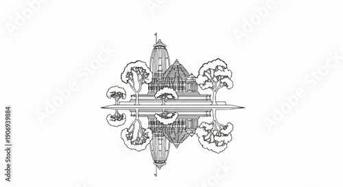 Outline of a temple with surrounding trees and reflection in water