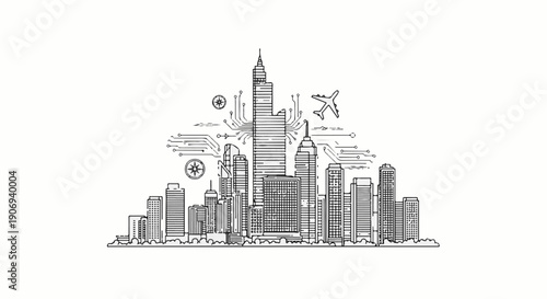 Outline of a futuristic city with circuit board lines, an airplane, and compasses
