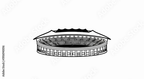 Outline sketch of a large, circular stadium with tiered seating and a cantilevered roof