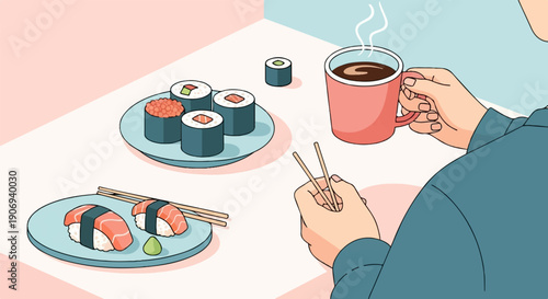 Person enjoying sushi and a warm drink, chopsticks in hand