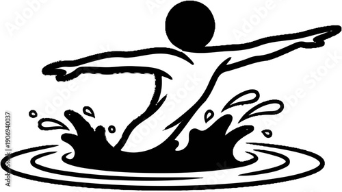 Person emerging from splashing water, stylized black and white illustration