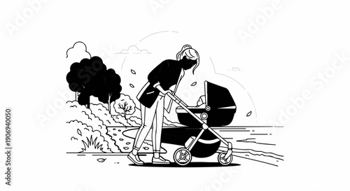 Person pushing a baby stroller through a park with trees and foliage