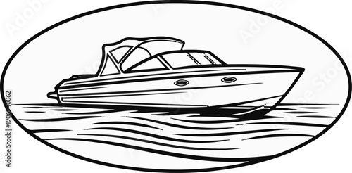 Oval emblem showcasing a speed boat cruising on wavy water
