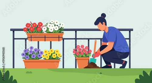 Person gardening on a balcony with colorful potted flowers