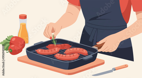 Person garnishing sausages on a grill pan with rosemary