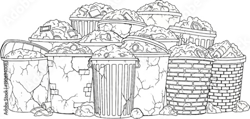 Overflowing bins brimming with various discarded items, cracked