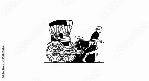 Person pushing a bicycle rickshaw, drawing style, black and white