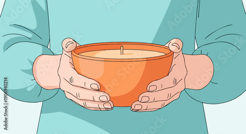Person holding a large orange candle in a bowl with both hands