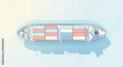 Overhead view of a cargo ship carrying colorful containers on calm blue water