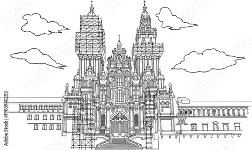 Ornate historical building facade with towers under cloudy sky