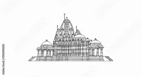 Ornate Hindu temple with multiple spires and domes, depicted in a black and white line drawing