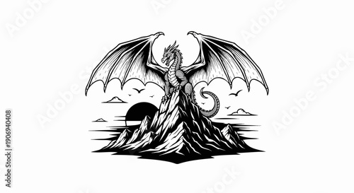 Mythical dragon perched on mountain peak at sunset with birds flying