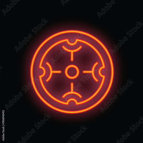 Neon sign of a round target with crosshairs glowing on a brick wall