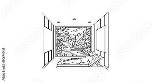 Person relaxing in a room with a large window view of a forest and mountains