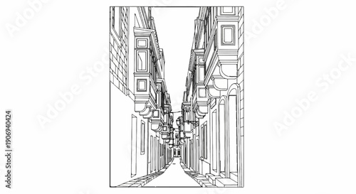 Narrow cobblestone street lined with ornate buildings and enclosed balconies