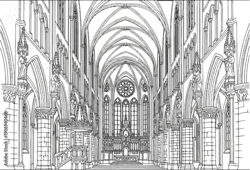 Ornate gothic cathedral interior with vaulted ceilings, stained glass, and statues