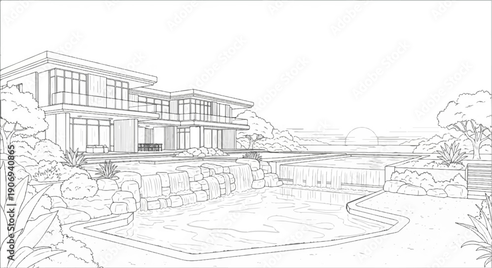 Obraz premium Modern house with a swimming pool and cascading waterfalls at sunset